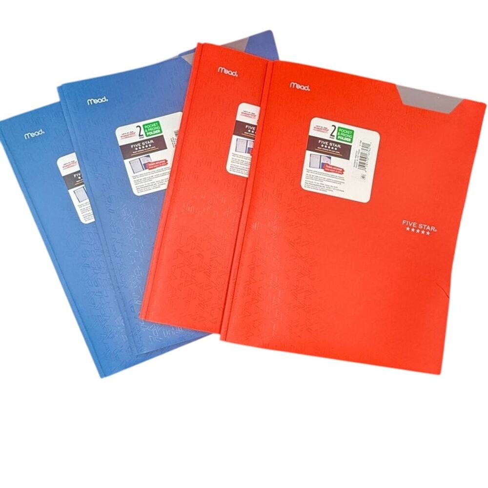 LOT of 4 Five Star Plastic Folder with Prongs 2 Pockets Blue Red Teal -FAST SHIP